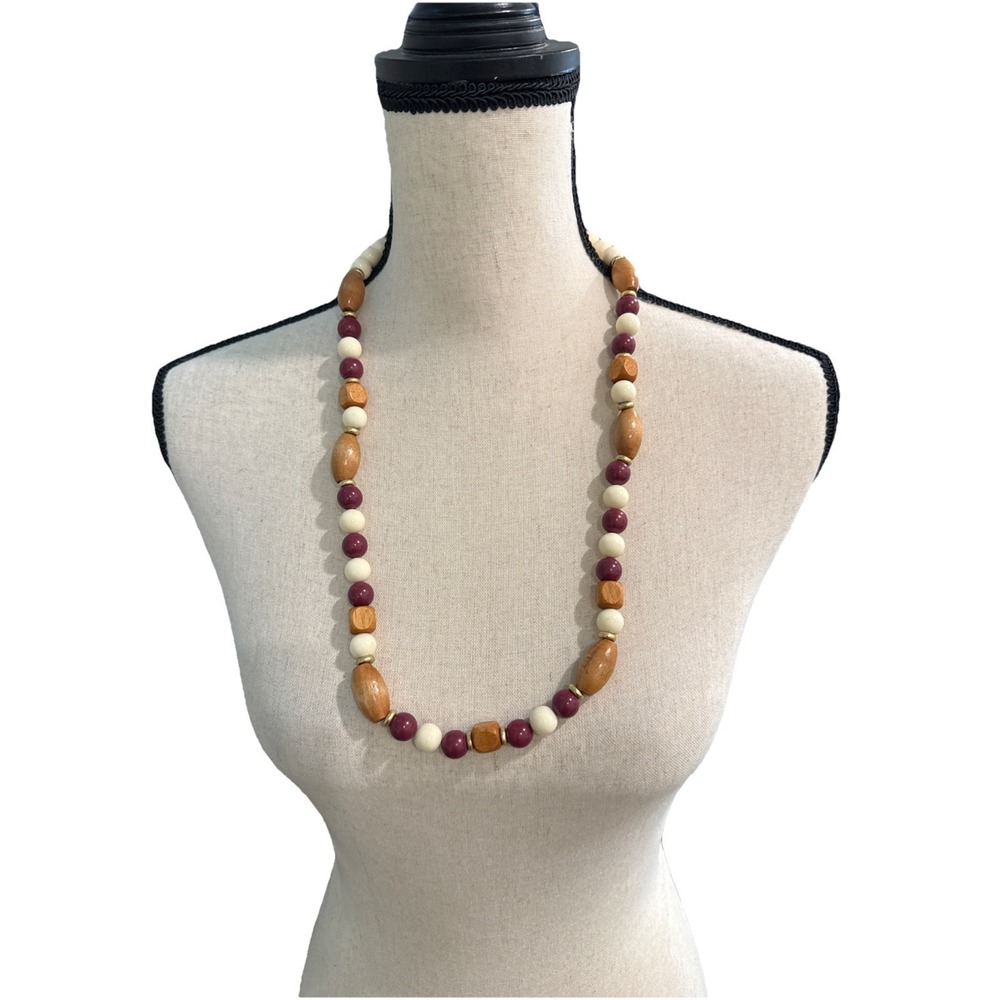 Handcrafted Wood Beaded Necklace Brown Beige Nature Theme Unisex Grannycore